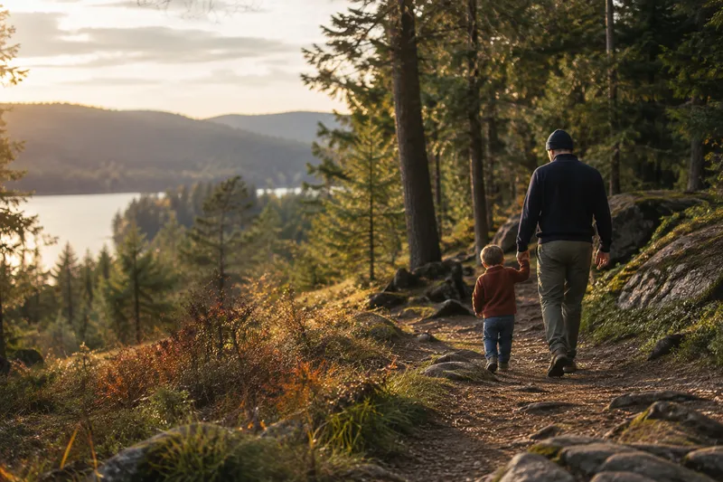 A father and child walking together on a wooded path