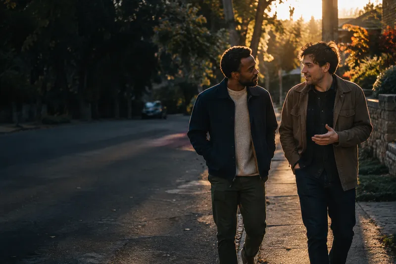 Two friends walking together and talking at golden hour