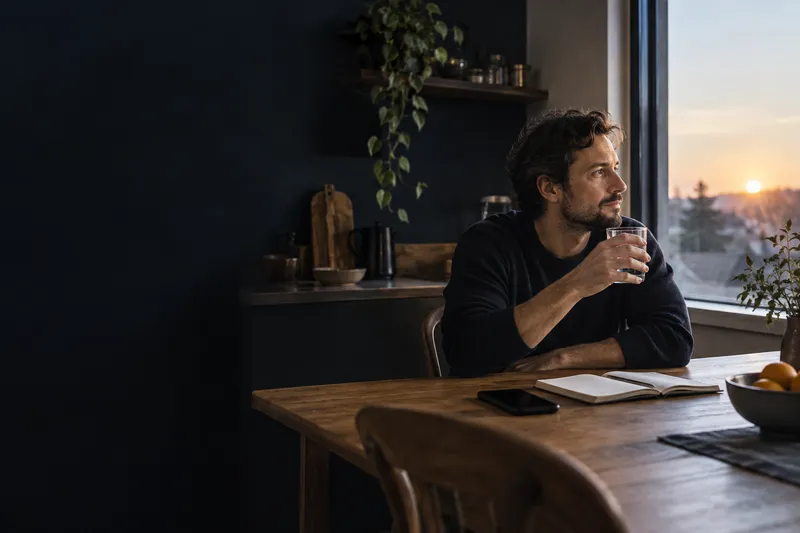 A man taking a quiet morning reset at a kitchen table