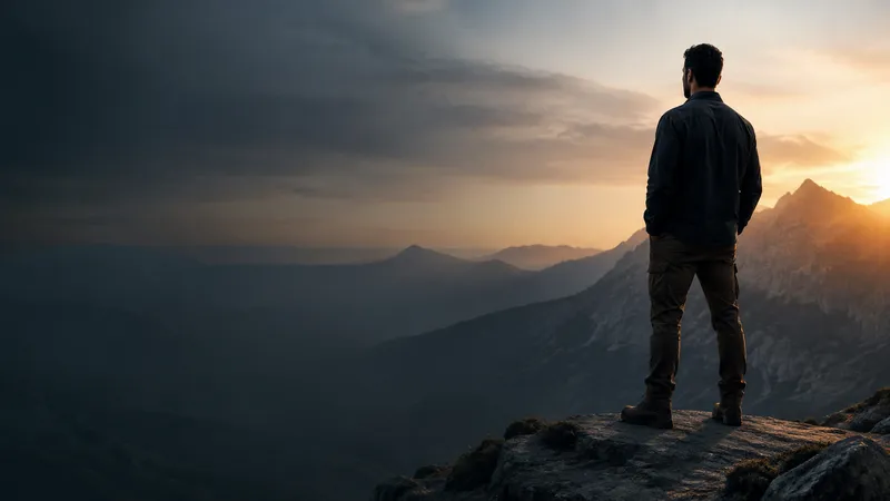 A man overlooking a mountain valley at dawn