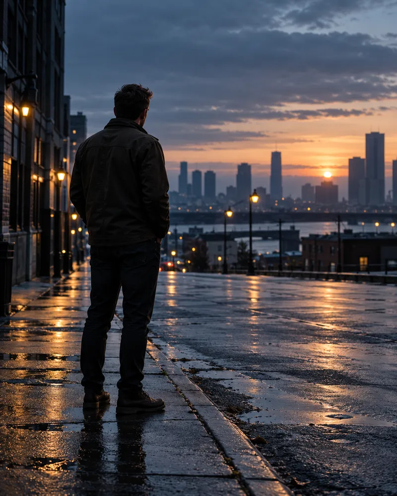 A man on a rain-washed city street at dawn